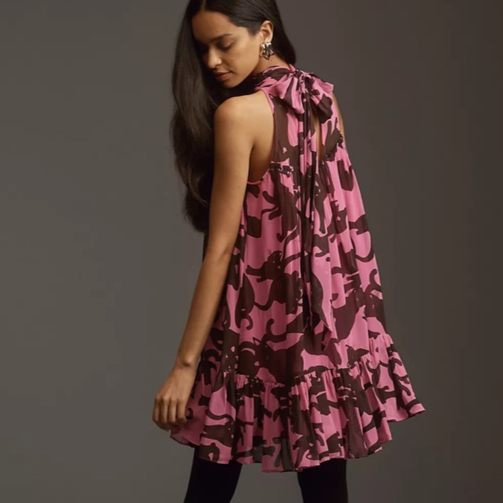 🆕 MAEVE Pink and DRK Brown abstract Cat Printed Mini Dress - Picture 3 of 9